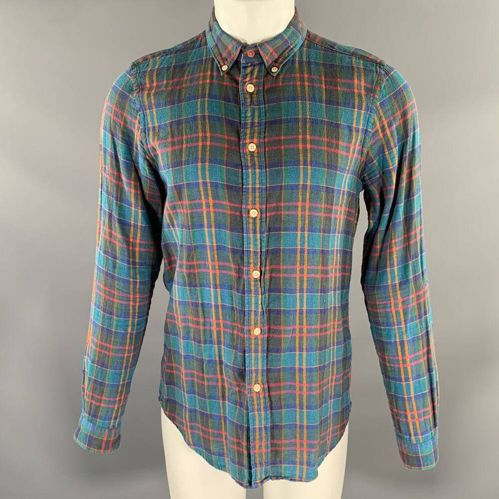 PS by PAUL SMITH Size M Blue Multi-Color Plaid Linen Cotton Long Sleeve Shirt